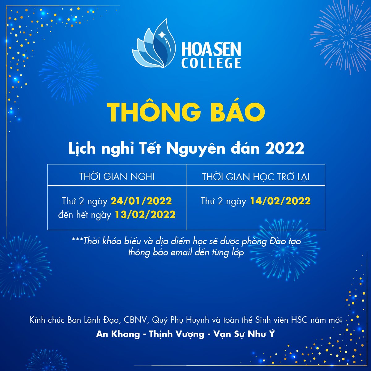 [Thông báo] Lịch nghỉ Tết Nguyên đán cho Giảng viên – Sinh viên