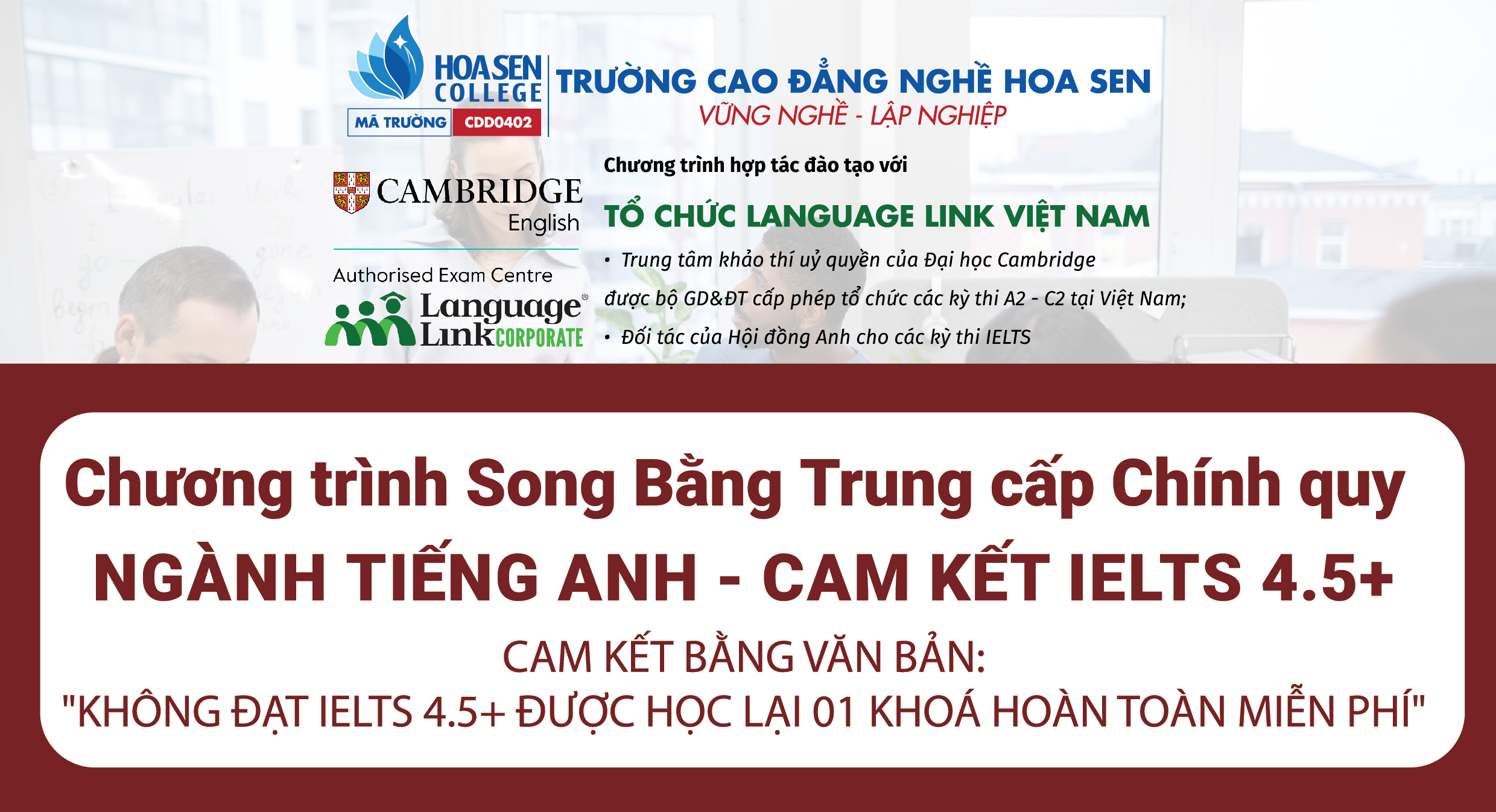 TUYỂN SINH CHƯƠNG TRÌNH SONG BẰNG TRUNG CẤP TIẾNG ANH – CAM KẾT ĐẦU RA IELTS 4.5+